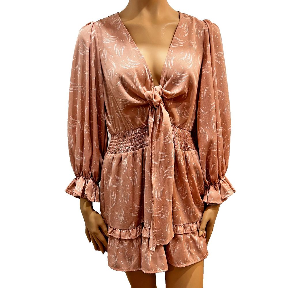 Entro Womens Casual Deep V Neck Knotted Tiered Dress / Short Size Small